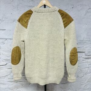 Vintage Men’s Wool Jumper Chunky Heavy Knit Suede Patches Country Made In UK